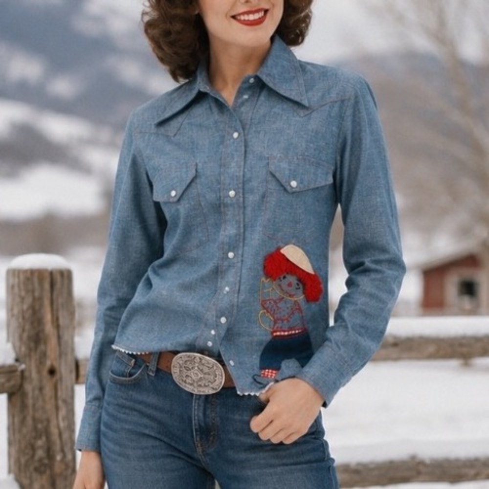 VTG 70's rappers Blue Western Snap Shirt Raggedy Ann Embroidery Rickrack Trim XS